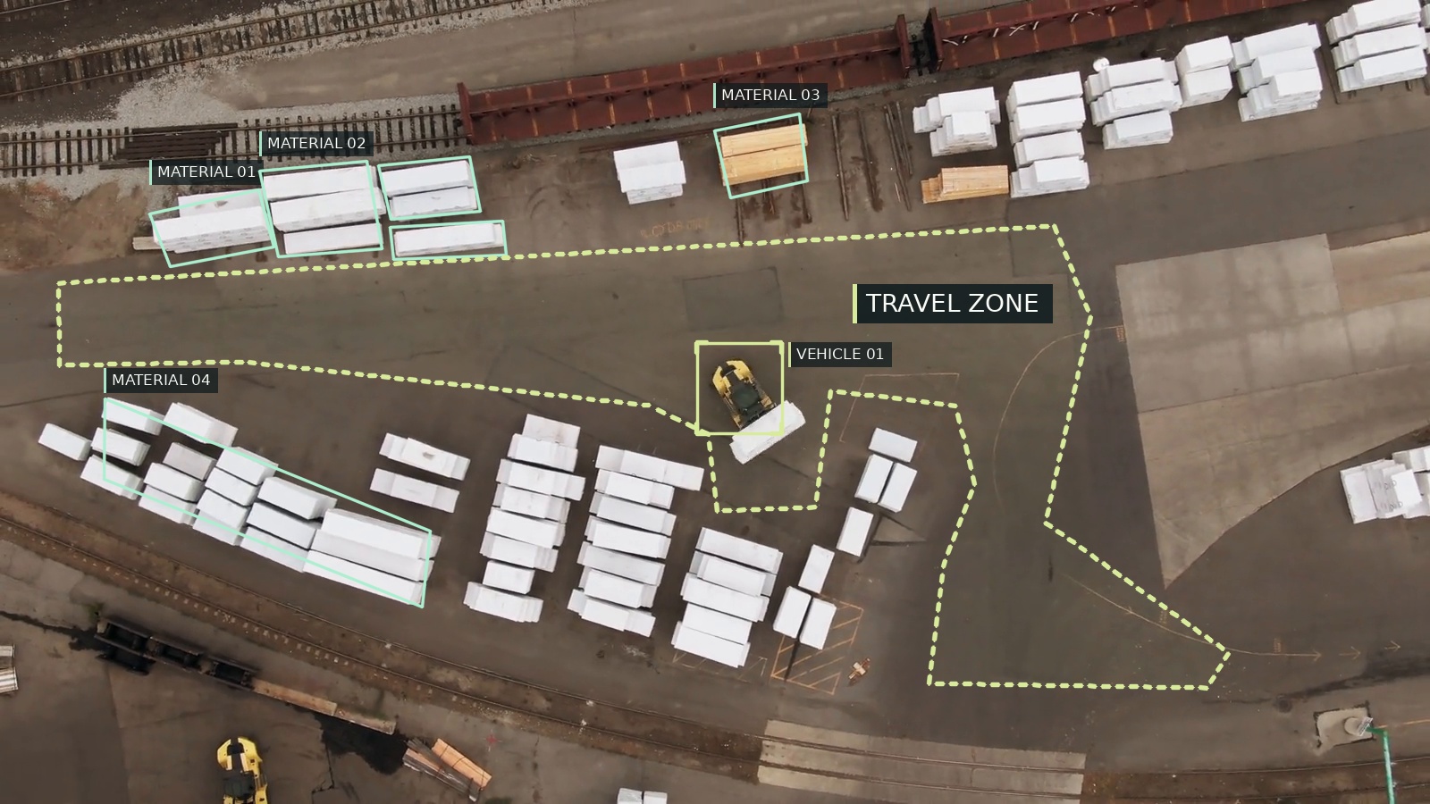 Forklift, material stacks and travel zone annotated in an industrial yard